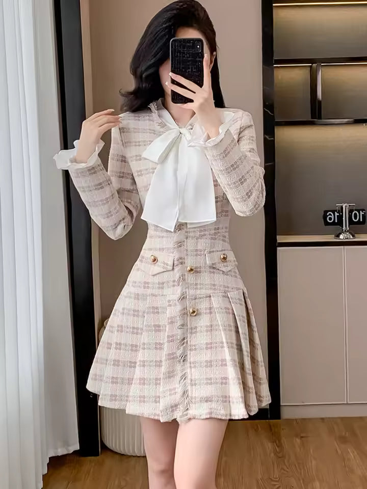 Plaid Tweed Chic Natural Waistline Bow Collar Casual Mini Blazer Dress