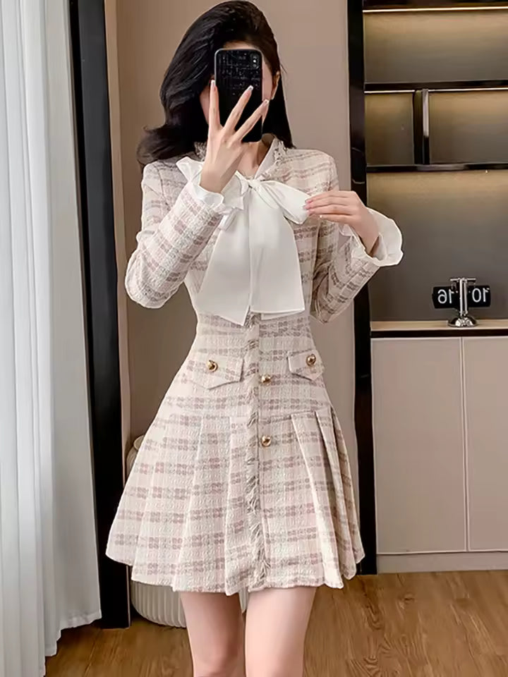 Plaid Tweed Chic Natural Waistline Bow Collar Casual Mini Blazer Dress