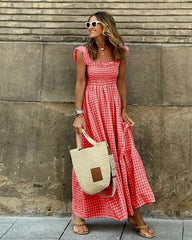 Plaid printed A-line dresses for female Elegant lady Beach Long Dresses