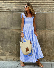 Plaid printed A-line dresses for female Elegant lady Beach Long Dresses