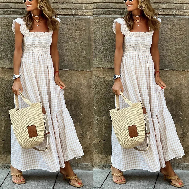 Plaid printed A-line dresses for female Elegant lady Beach Long Dresses