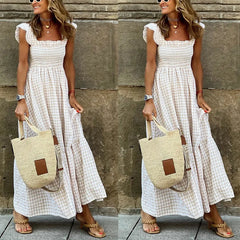 Plaid printed A-line dresses for female Elegant lady Beach Long Dresses