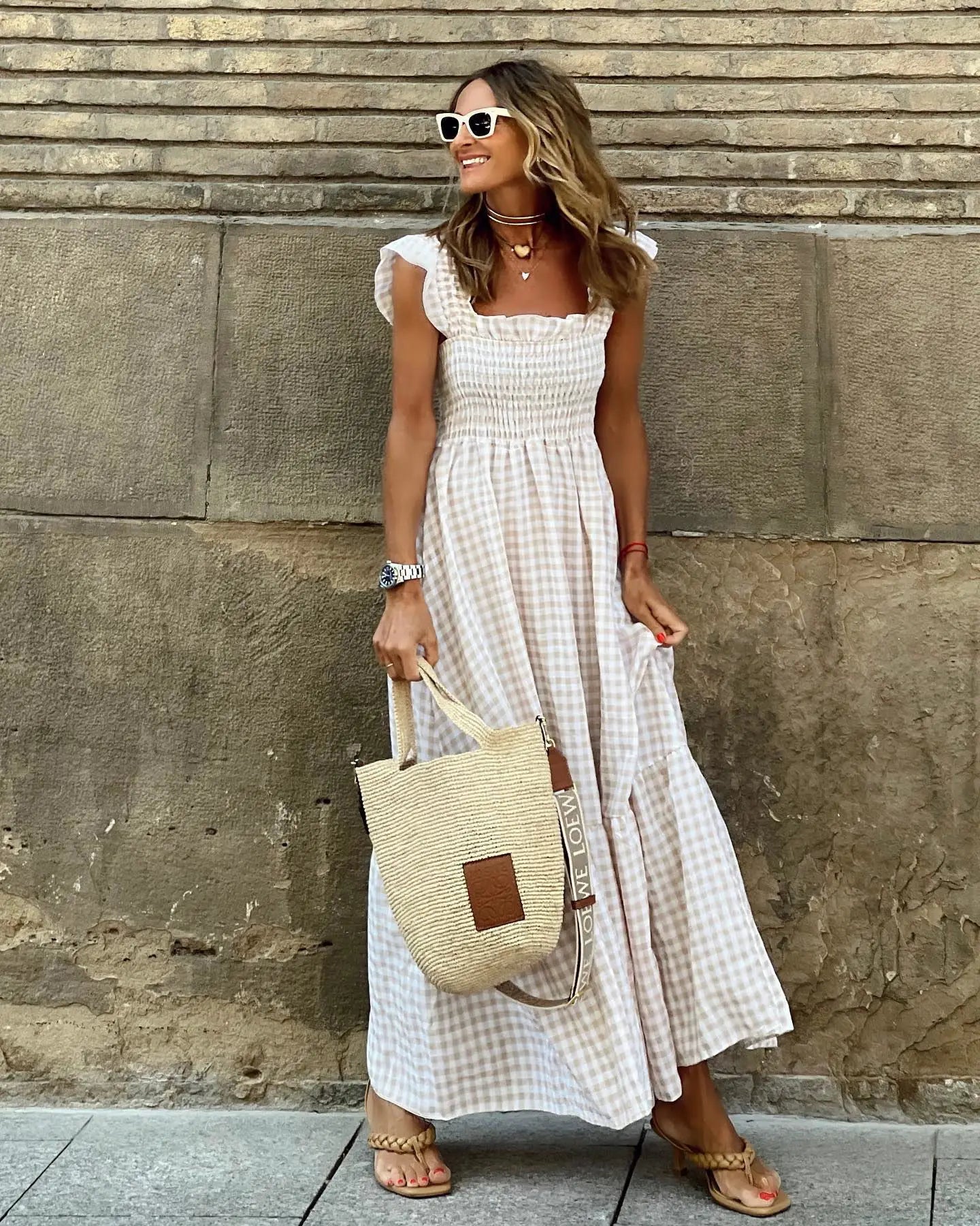 Plaid printed A-line dresses for female Elegant lady Beach Long Dresses