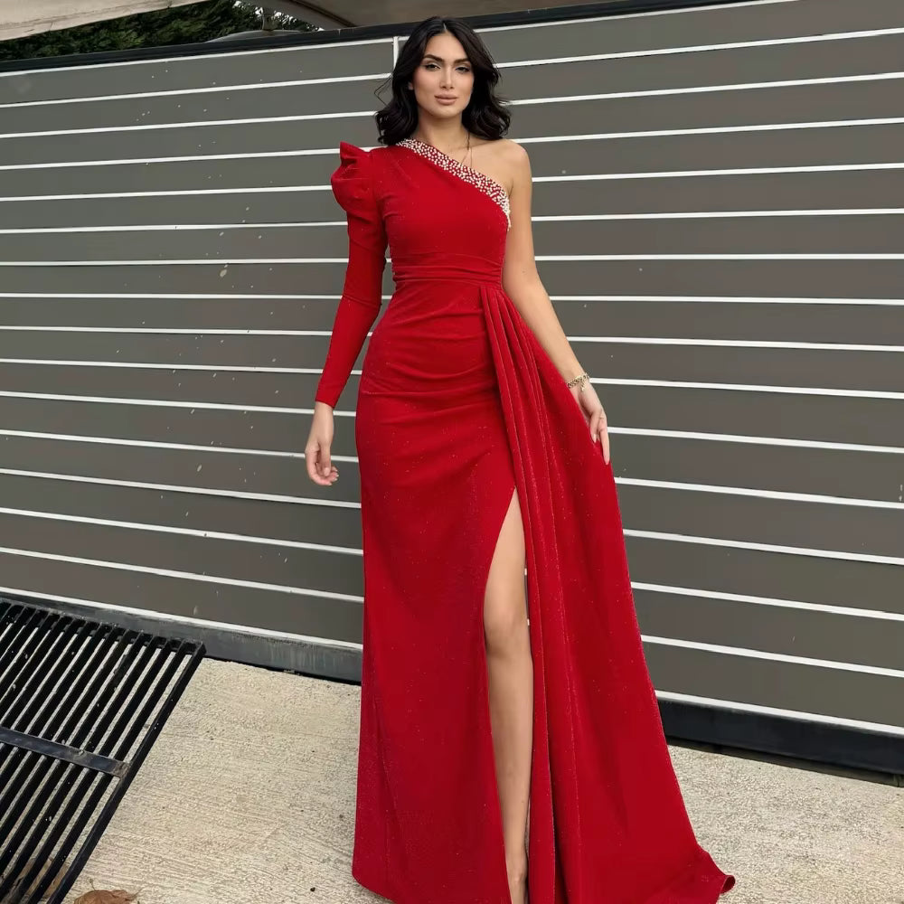 Pleat Beading Sequined Draped A-line One-shoulder Long Dresses