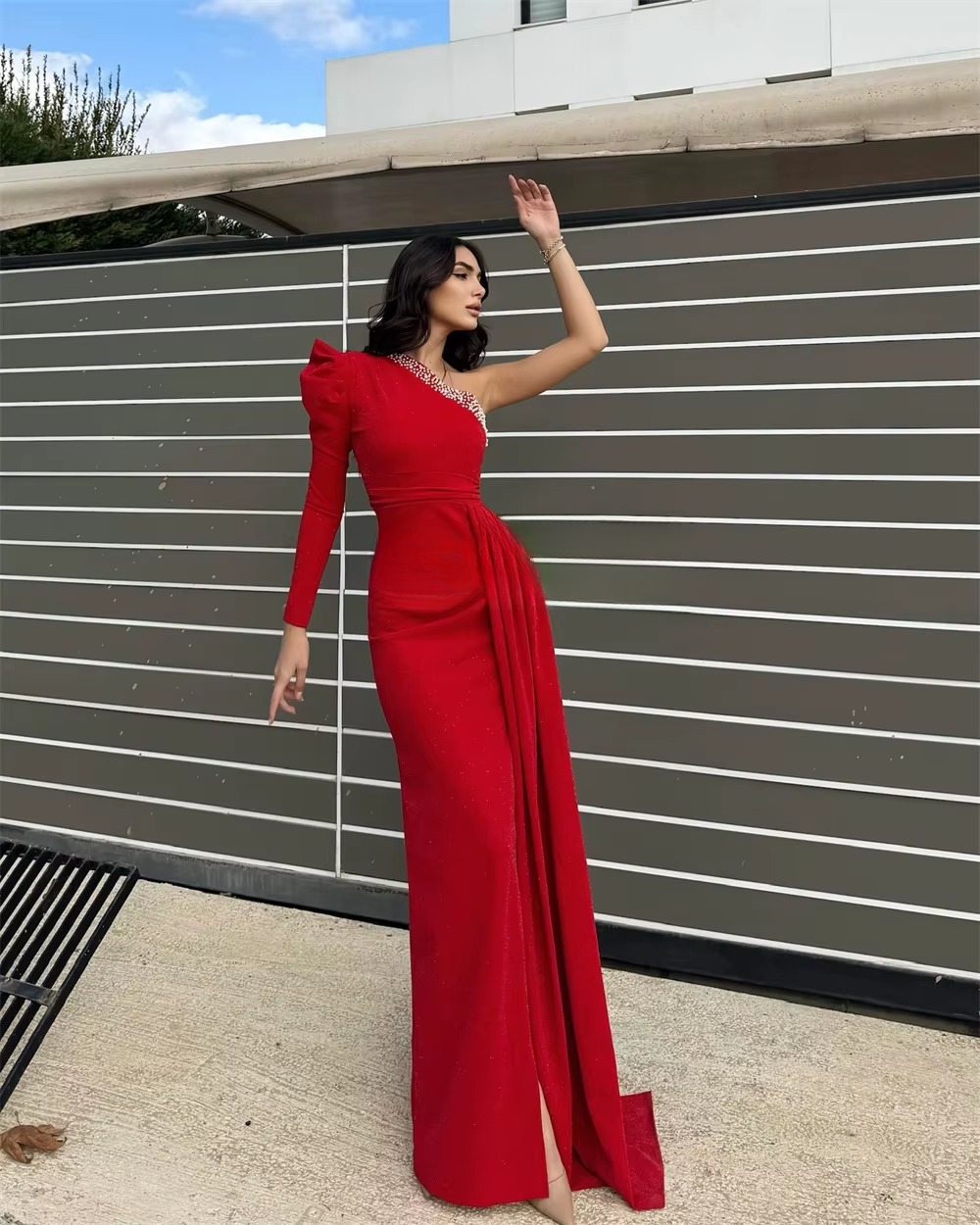 Pleat Beading Sequined Draped A-line One-shoulder Long Dresses