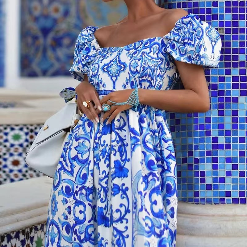 Pleated Backless Bohemian Elegant Off Shoulder Puff Sleeve Party Long Maxi Dresses