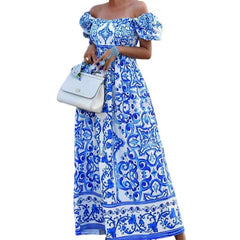Pleated Backless Bohemian Elegant Off Shoulder Puff Sleeve Party Long Maxi Dresses