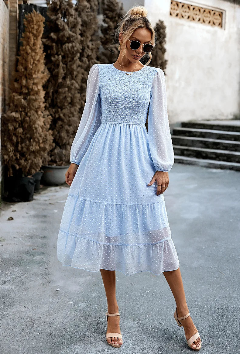 Pleated Layered Jewel Neck Long Sleeves Midi Dress