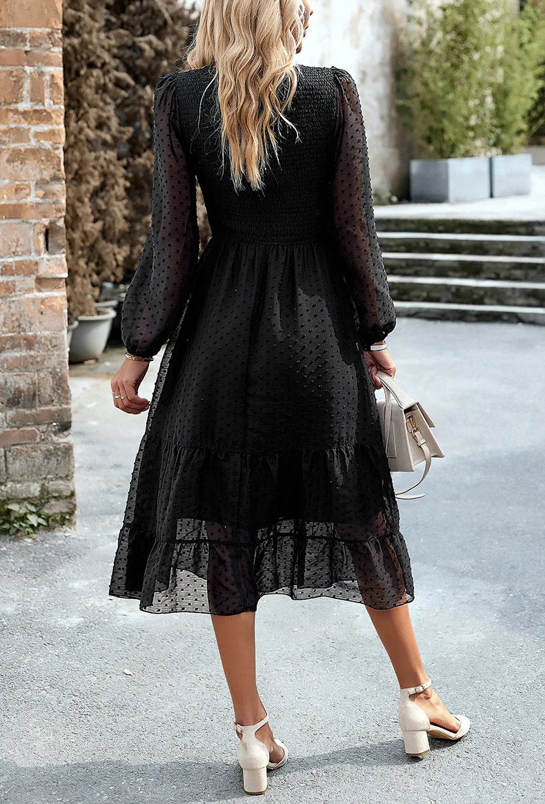 Pleated Layered Jewel Neck Long Sleeves Midi Dress