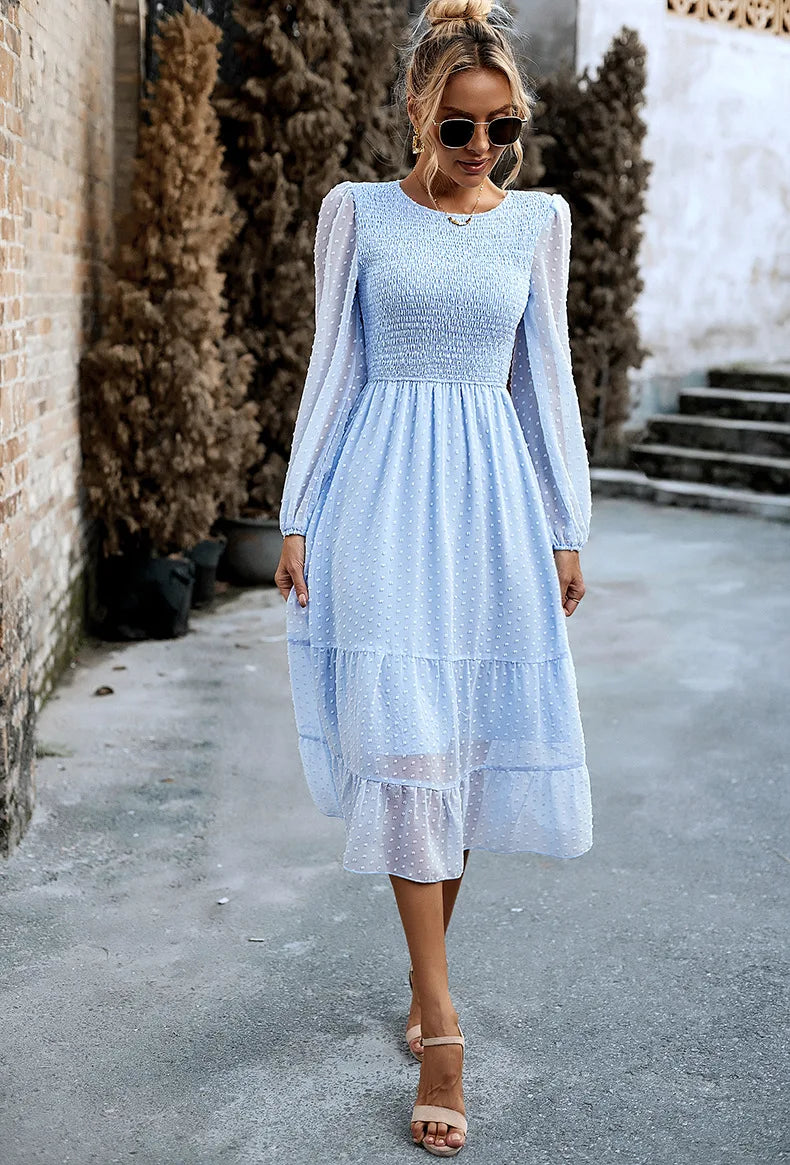 Pleated Layered Jewel Neck Long Sleeves Midi Dress