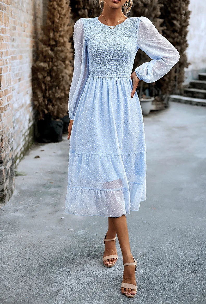 Pleated Layered Jewel Neck Long Sleeves Midi Dress