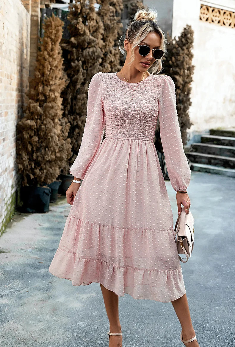 Pleated Layered Jewel Neck Long Sleeves Midi Dress