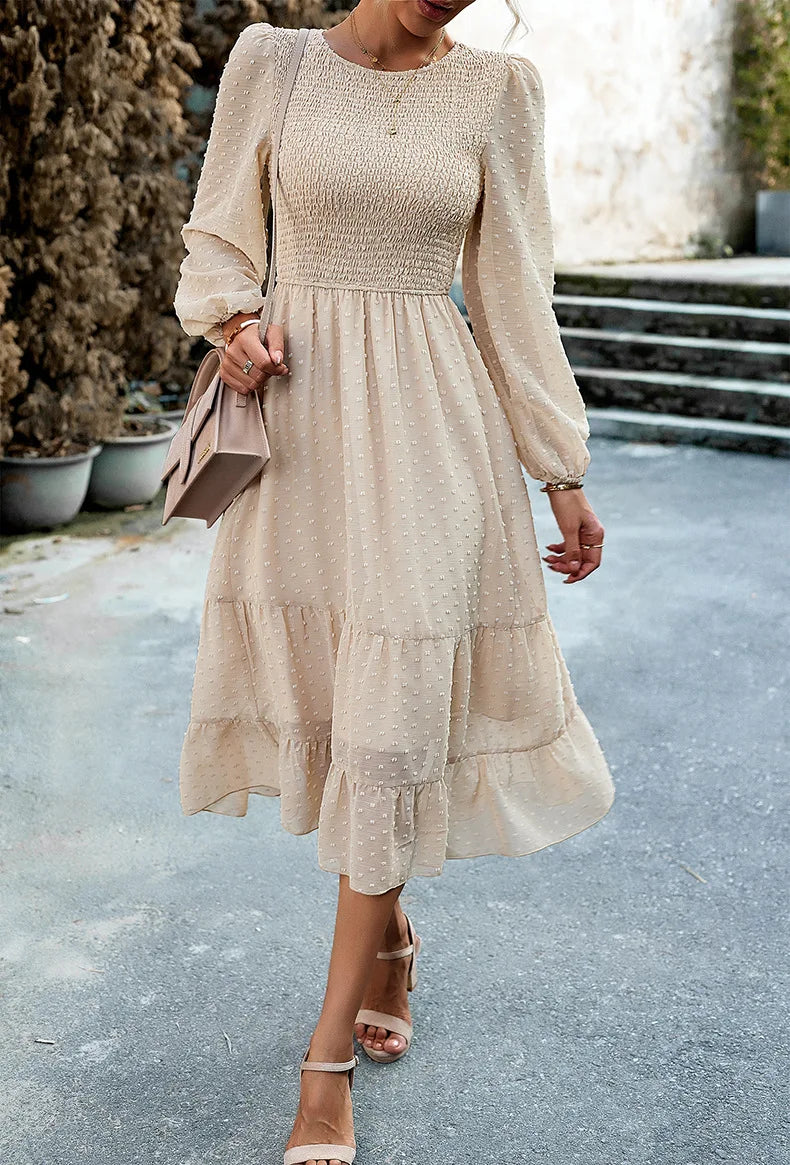 Pleated Layered Jewel Neck Long Sleeves Midi Dress