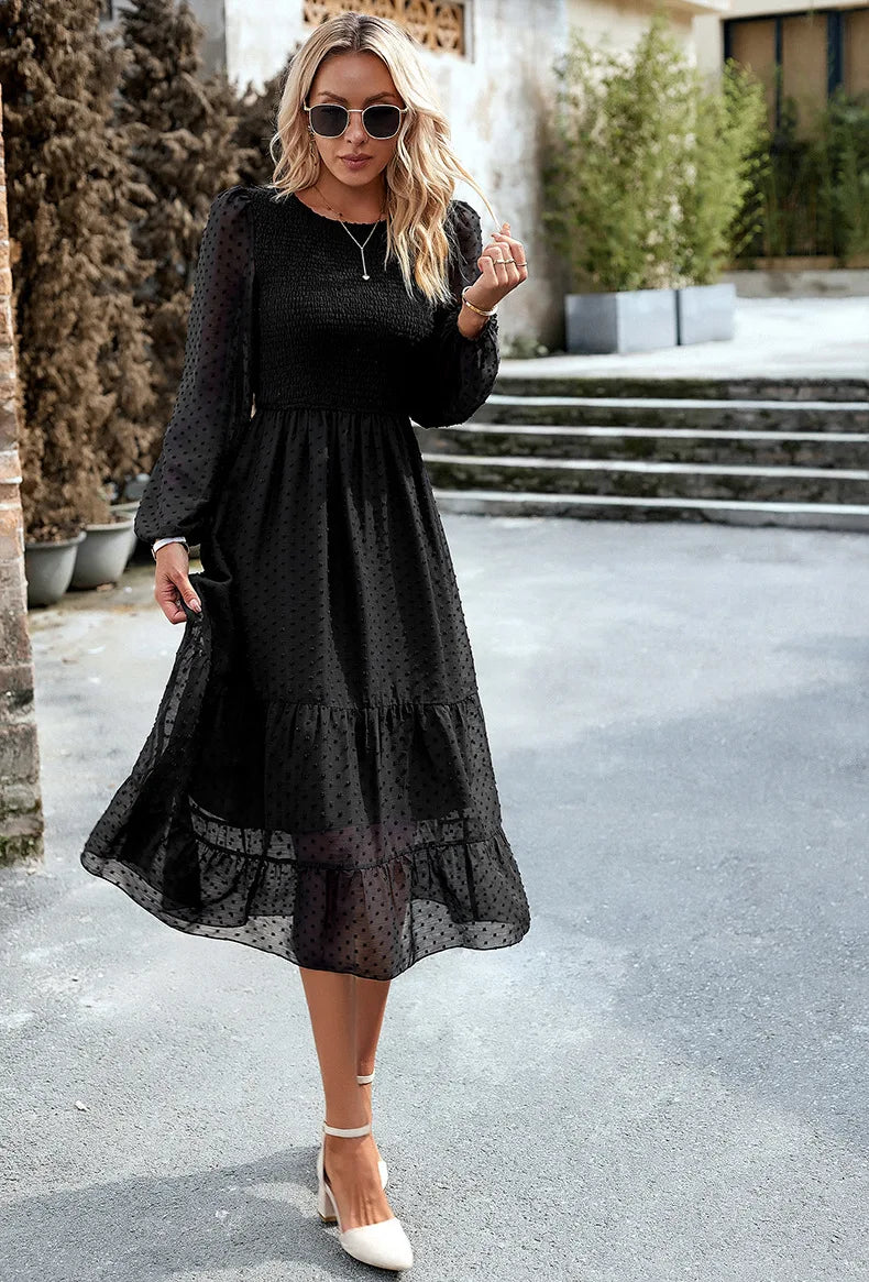 Pleated Layered Jewel Neck Long Sleeves Midi Dress