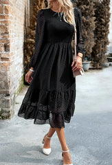 Pleated Layered Jewel Neck Long Sleeves Midi Dress