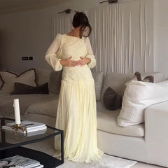 Pleated Long Lantern Sleeve Folded Loose Holiday Beach Maxi Dresses