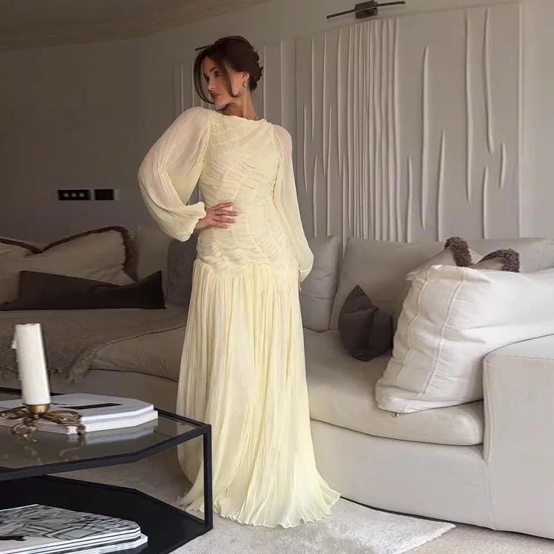 Pleated Long Lantern Sleeve Folded Loose Holiday Beach Maxi Dresses