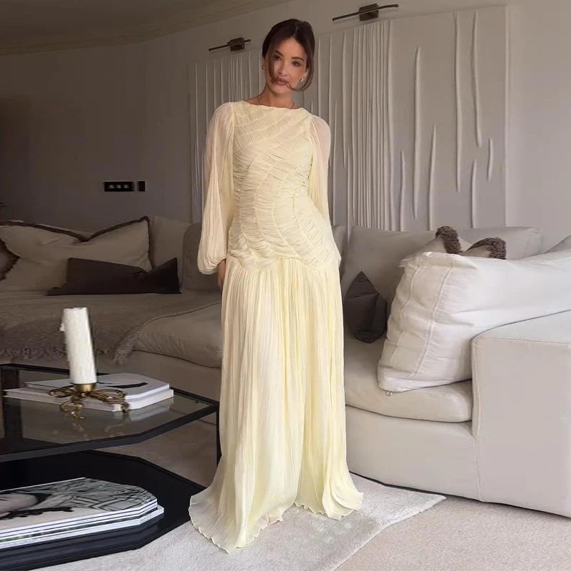 Pleated Long Lantern Sleeve Folded Loose Holiday Beach Maxi Dresses