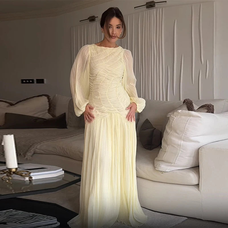 Pleated Long Lantern Sleeve Folded Loose Holiday Beach Maxi Dresses