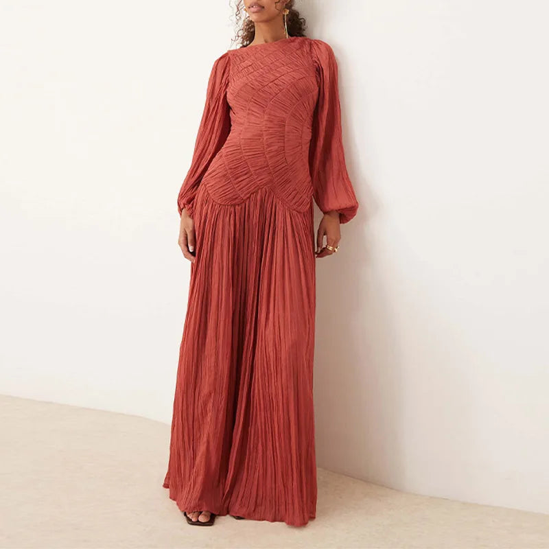 Pleated Long Lantern Sleeve Folded Loose Holiday Beach Maxi Dresses