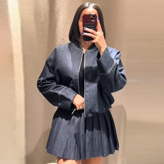 Pleated O-neck Long Sleeve Jacket Street Denim Coat Mini Skirts Suit
