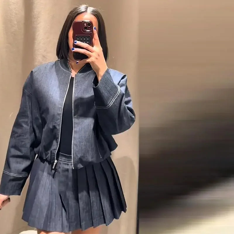 Pleated O-neck Long Sleeve Jacket Street Denim Coat Mini Skirts Suit