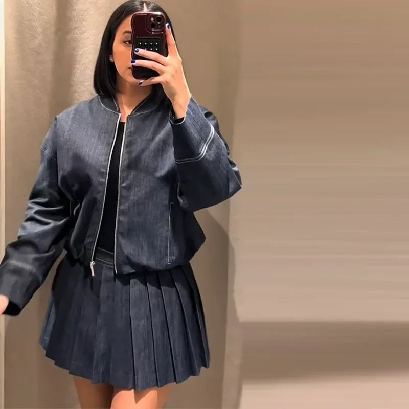 Pleated O-neck Long Sleeve Jacket Street Denim Coat Mini Skirts Suit