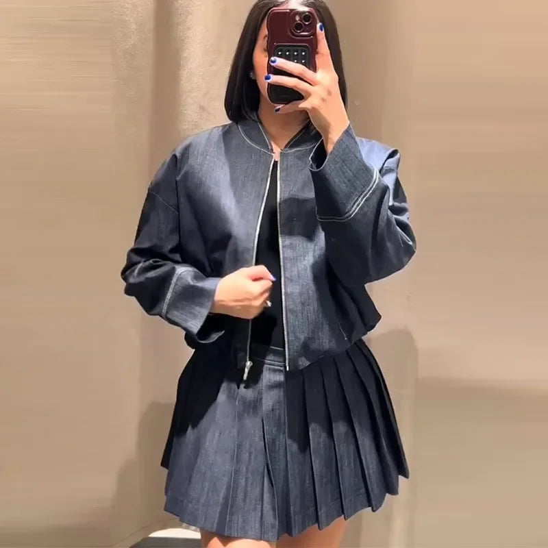 Pleated O-neck Long Sleeve Jacket Street Denim Coat Mini Skirts Suit