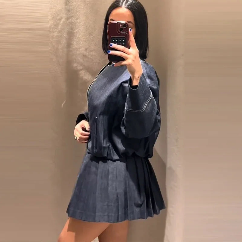 Pleated O-neck Long Sleeve Jacket Street Denim Coat Mini Skirts Suit