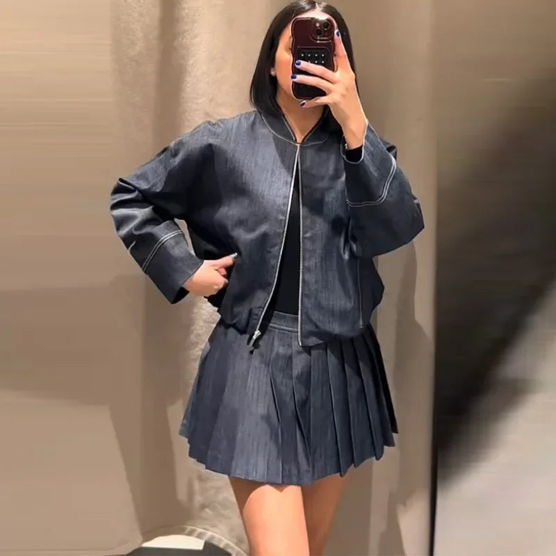 Pleated O-neck Long Sleeve Jacket Street Denim Coat Mini Skirts Suit