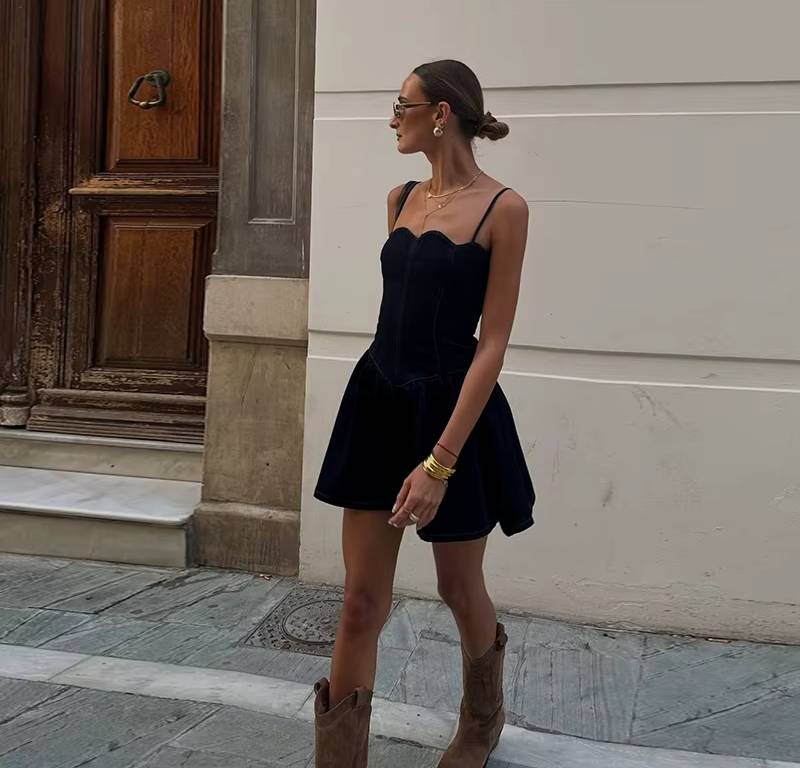 Pleated Sleeveless High Waist A-line High Street Sling Mini Dress