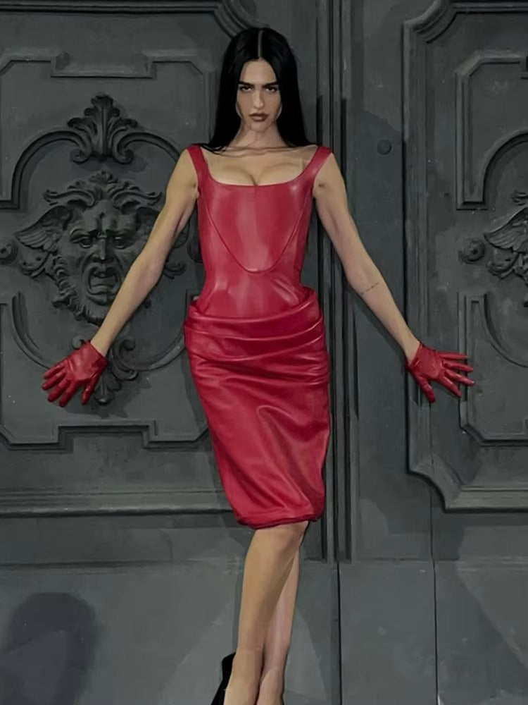 Pleated Square Collar Pu Leather Spaghetti Strap Evening Cocktail Party Dress