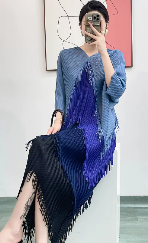Pleated Tassel Slim Wrapped Hip One Step Gradual Dress