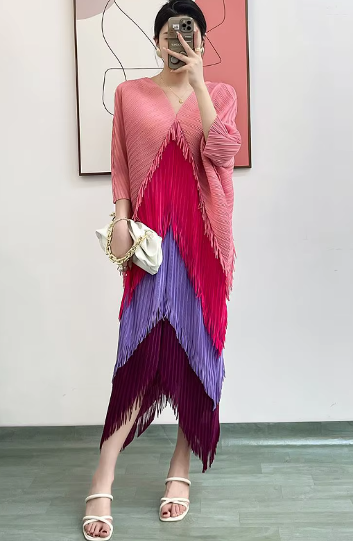 Pleated Tassel Slim Wrapped Hip One Step Gradual Dress