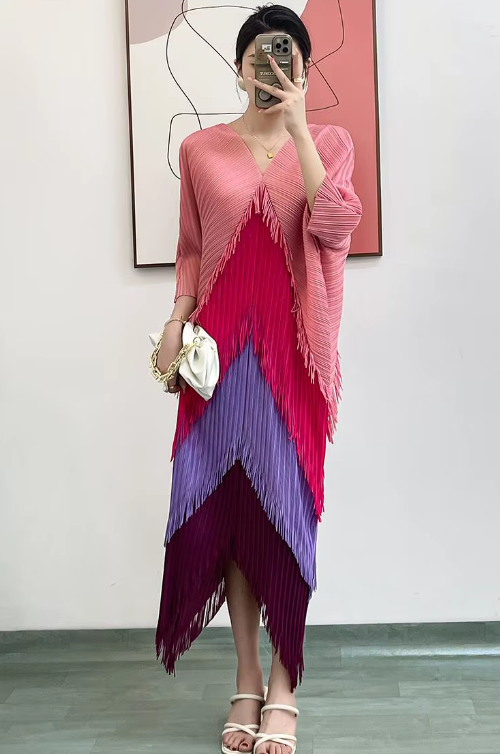 Pleated Tassel Slim Wrapped Hip One Step Gradual Dress