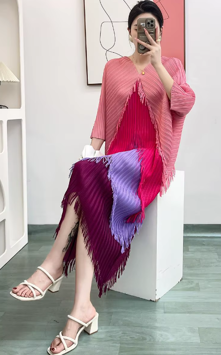 Pleated Tassel Slim Wrapped Hip One Step Gradual Dress