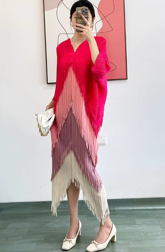 Pleated Tassel Slim Wrapped Hip One Step Gradual Dress