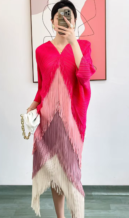 Pleated Tassel Slim Wrapped Hip One Step Gradual Dress