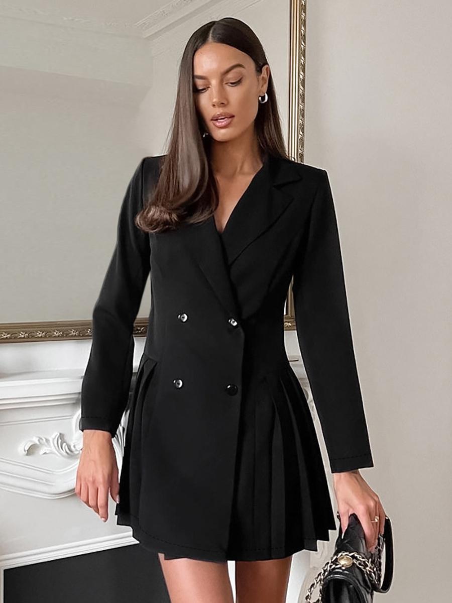 Pleated Turndown Collar Lapel Casual Solid Elegant And Vintage Mini Dresses