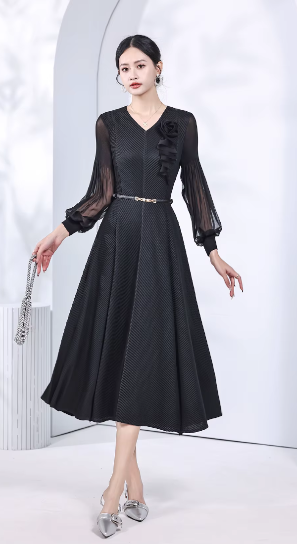 Pleated V-Neck Long Sleeve Waist Slimming Plate Flower Slim Skirt Solid Design Dress