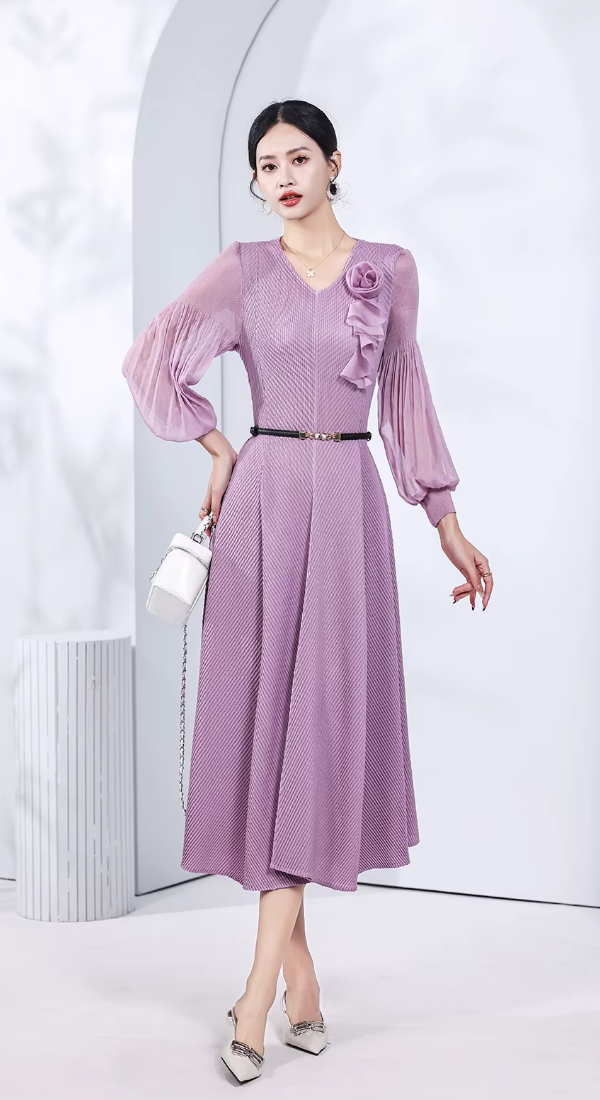 Pleated V-Neck Long Sleeve Waist Slimming Plate Flower Slim Skirt Solid Design Dress