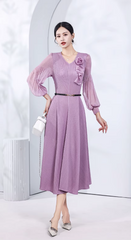 Pleated V-Neck Long Sleeve Waist Slimming Plate Flower Slim Skirt Solid Design Dress