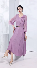 Pleated V-Neck Long Sleeve Waist Slimming Plate Flower Slim Skirt Solid Design Dress