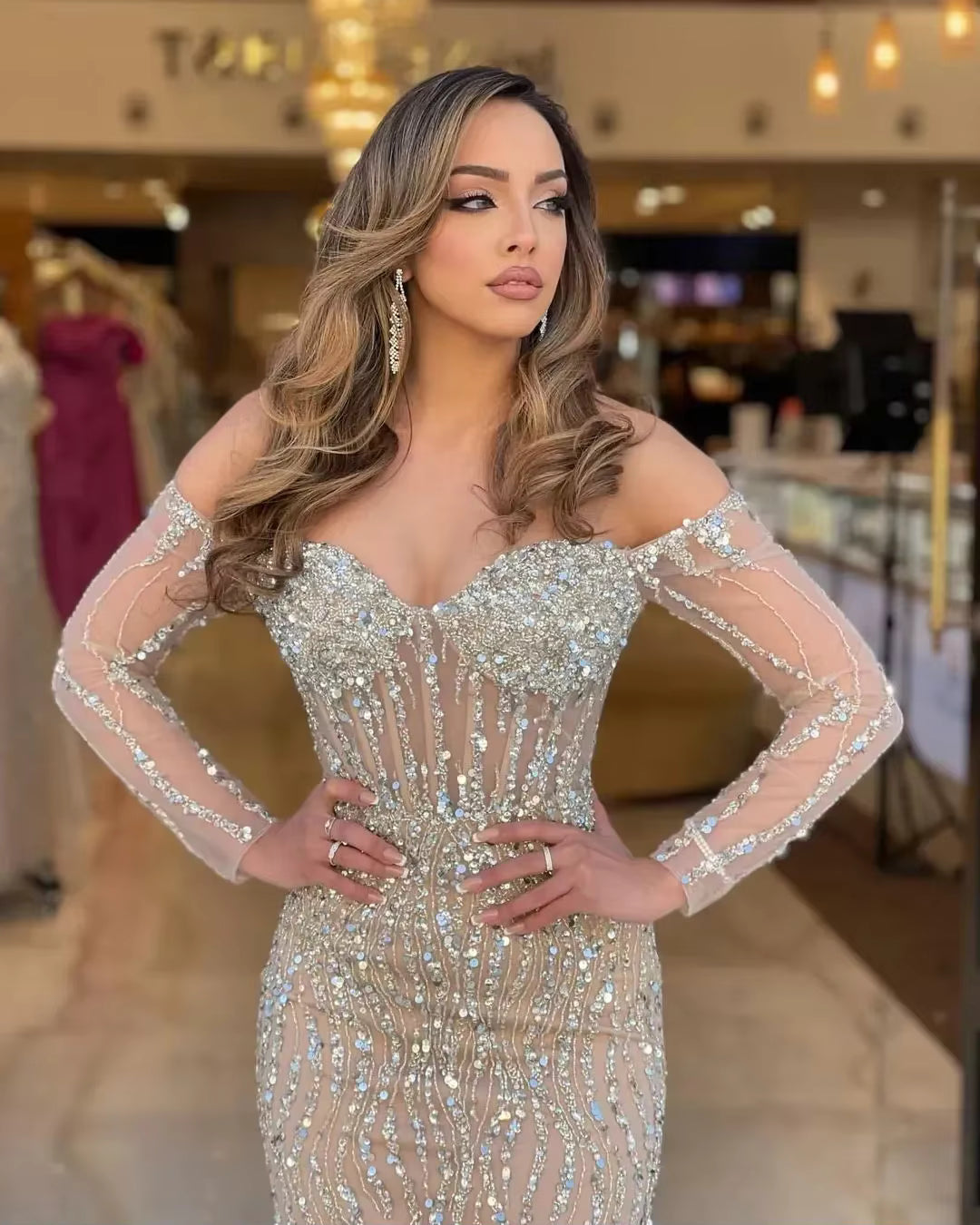 Classic Pleats Beading Off Shoulder Long Sleeves Party Prom Mermaid Evening Dresse