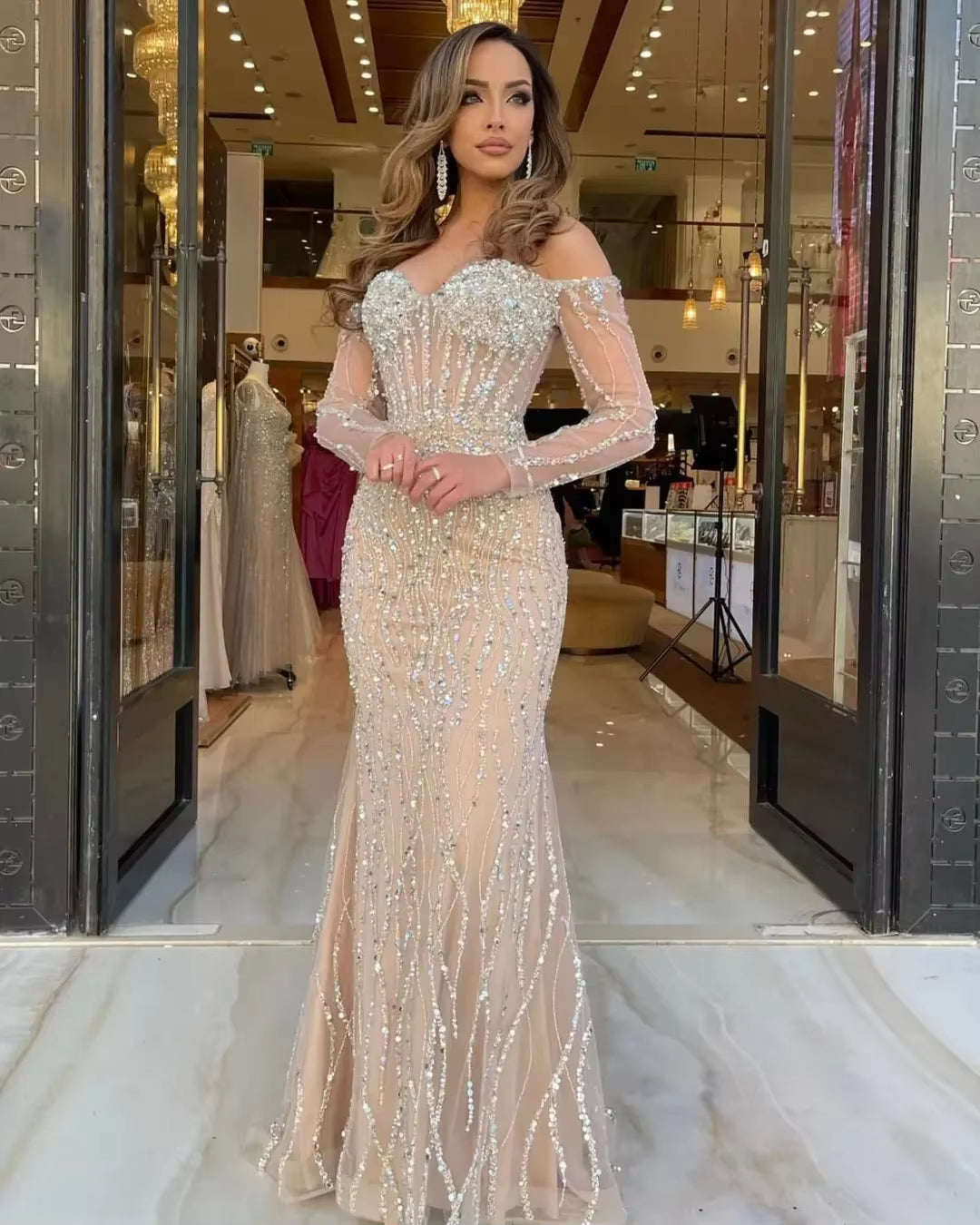 Classic Pleats Beading Off Shoulder Long Sleeves Party Prom Mermaid Evening Dresse