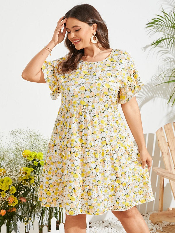 Plus Size Calico Tie-up Design Ruffle Trim Dress