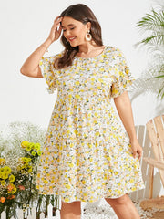 Plus Size Calico Tie-up Design Ruffle Trim Dress