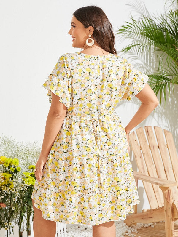 Plus Size Calico Tie-up Design Ruffle Trim Dress