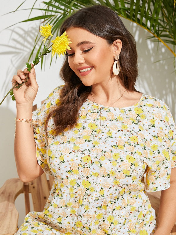 Plus Size Calico Tie-up Design Ruffle Trim Dress