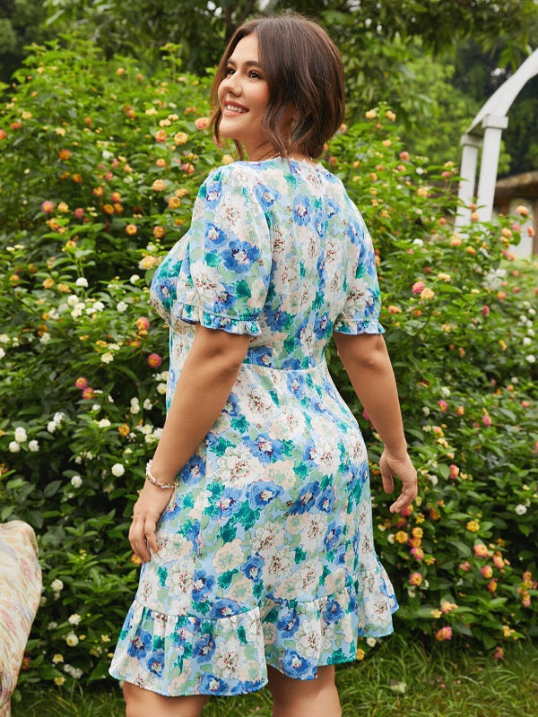 Plus Size Floral Print Splice Short Sleeve Midi Dress